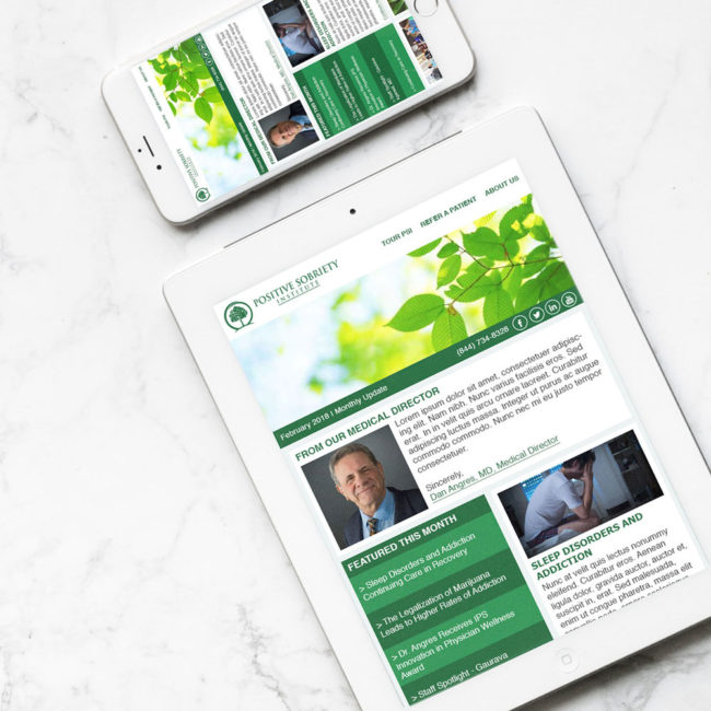 Positive Sobriety Institute Email Newsletter designed by Ashley Carloni, displayed on iPad and iPhone