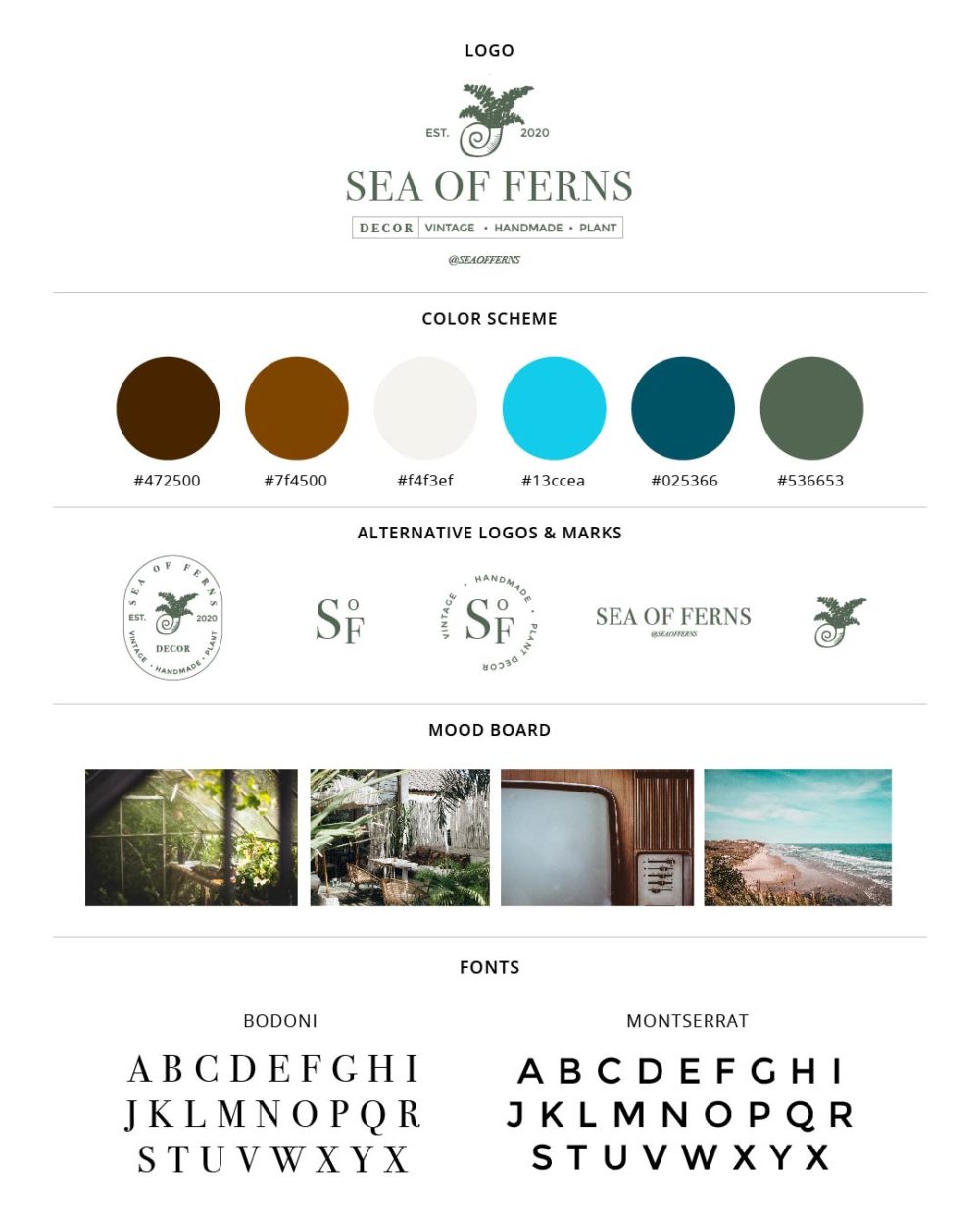 Sea Of Ferns Brand Guide with logo options, fonts, color scheme, and mood board