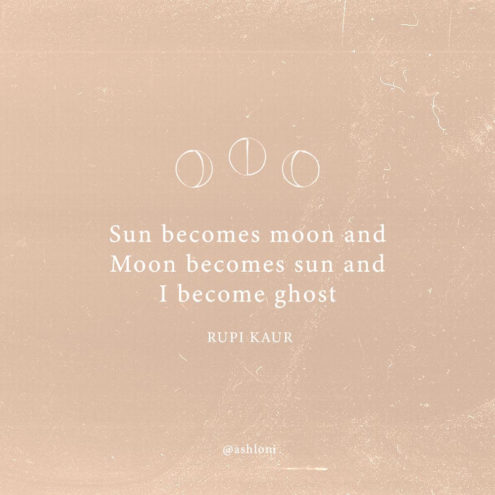 Rupi Kaur quote with moon icons. "sun becomes moon and moon becomes sun and I become ghost"